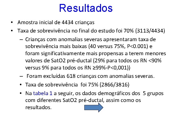 Resultados • Amostra inicial de 4434 crianças • Taxa de sobrevivência no final do