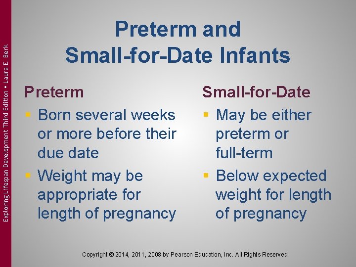 Exploring Lifespan Development Third Edition Laura E. Berk Preterm and Small-for-Date Infants Preterm §