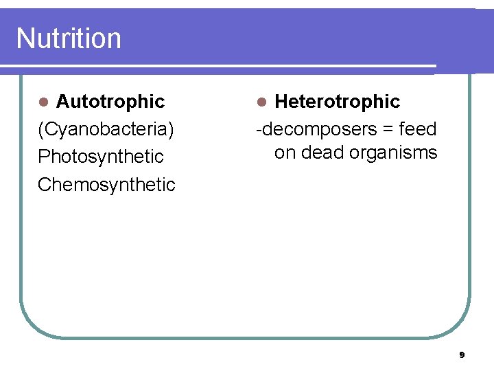Nutrition Autotrophic (Cyanobacteria) Photosynthetic Chemosynthetic l Heterotrophic -decomposers = feed on dead organisms l