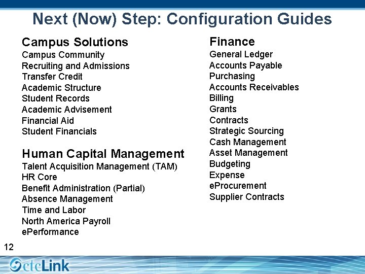 Next (Now) Step: Configuration Guides Campus Solutions Finance Campus Community Recruiting and Admissions Transfer