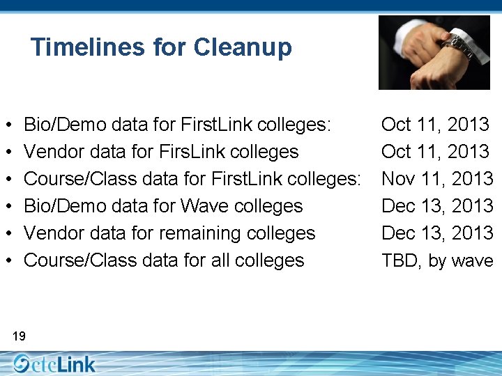 Timelines for Cleanup • • • Bio/Demo data for First. Link colleges: Vendor data