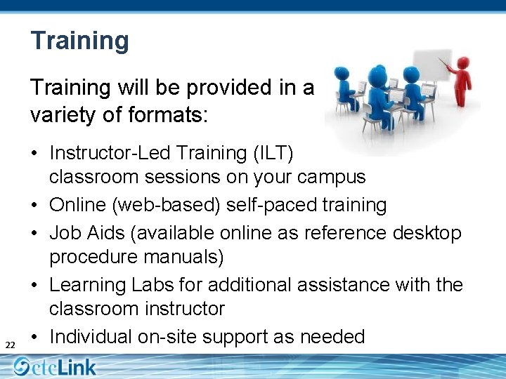 Training will be provided in a variety of formats: 22 • Instructor-Led Training (ILT)