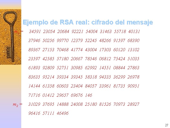 Ejemplo de RSA real: cifrado del mensaje m 1 = 34591 23054 20684 92221
