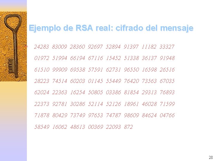 Ejemplo de RSA real: cifrado del mensaje c 1 = 24283 83009 28360 92697