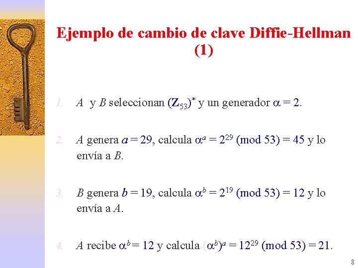 Ejemplo de cambio de clave Diffie-Hellman (1) 1. A y B seleccionan (Z 53)*