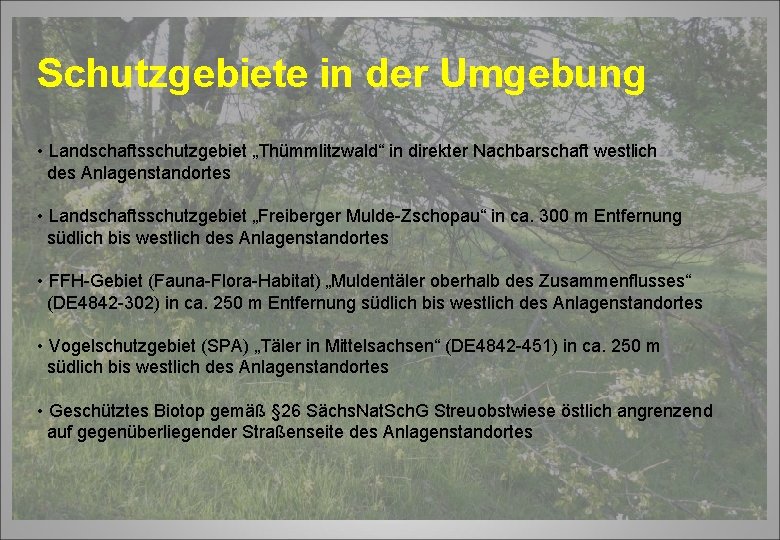 Schutzgebiete in der Umgebung • Landschaftsschutzgebiet „Thümmlitzwald“ in direkter Nachbarschaft westlich des Anlagenstandortes •