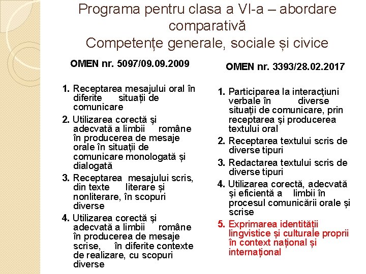 Programa pentru clasa a VI-a – abordare comparativă Competențe generale, sociale și civice OMEN