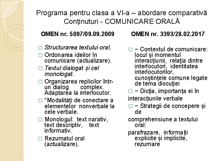 Programa pentru clasa a VI-a – abordare comparativă Conținuturi - COMUNICARE ORALĂ OMEN nr.