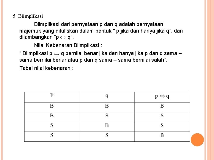 5. Biimplikasi dari pernyataan p dan q adalah pernyataan majemuk yang dituliskan dalam bentuk