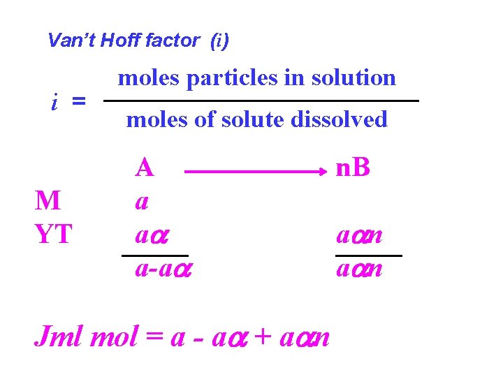 Van’t Hoff factor (i) i = M YT moles particles in solution moles of