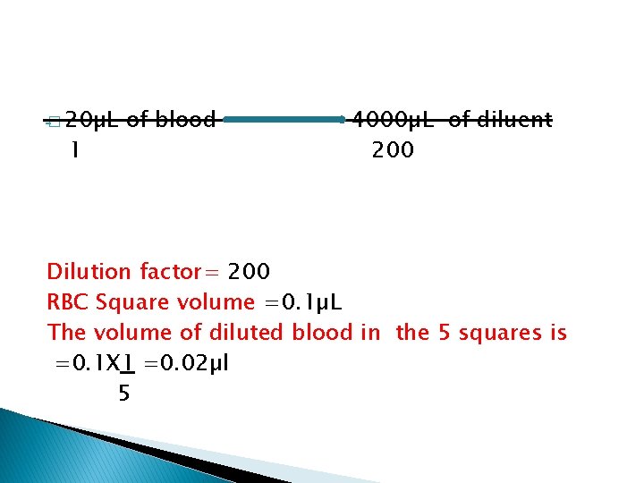 � 20µL 1 of blood 4000µL of diluent 200 Dilution factor= 200 RBC Square