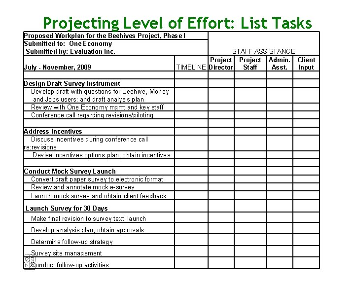 Projecting Level of Effort: List Tasks Proposed Workplan for the Beehives Project, Phase I