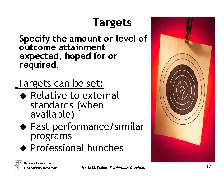 Targets Specify the amount or level of outcome attainment expected, hoped for or required.