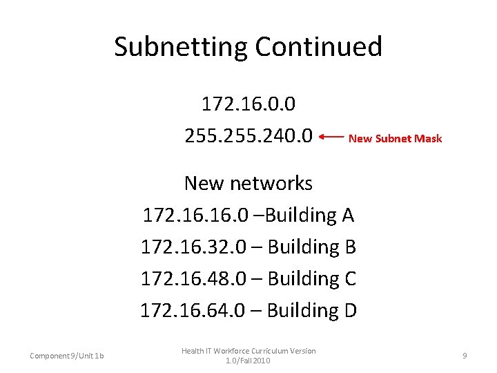 Subnetting Continued 172. 16. 0. 0 255. 240. 0 New Subnet Mask New networks