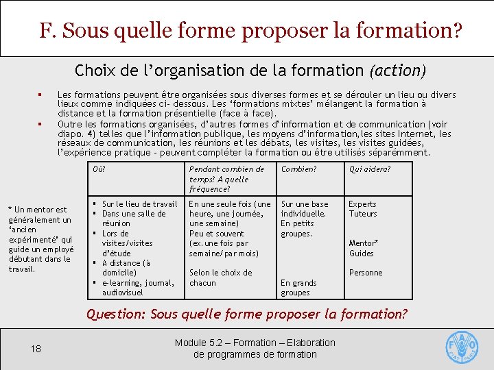 F. Sous quelle forme proposer la formation? Choix de l’organisation de la formation (action)