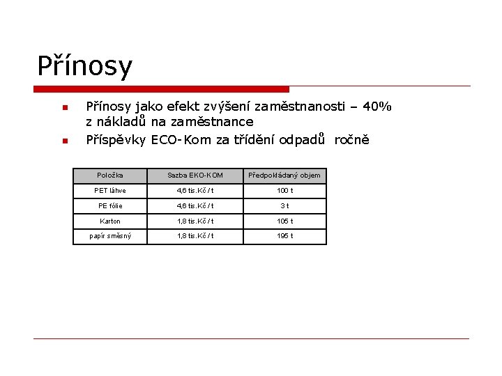 Přínosy n n Přínosy jako efekt zvýšení zaměstnanosti – 40% z nákladů na zaměstnance