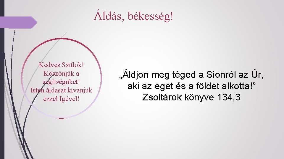 Áldás, békesség! Kedves Szülők! Köszönjük a segítségüket! Isten áldását kívánjuk ezzel Igével! „Áldjon meg