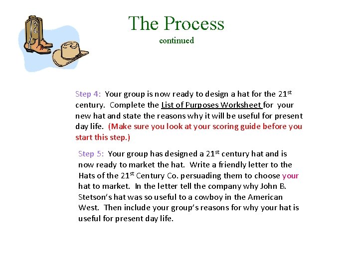 The Process continued Step 4: Your group is now ready to design a hat