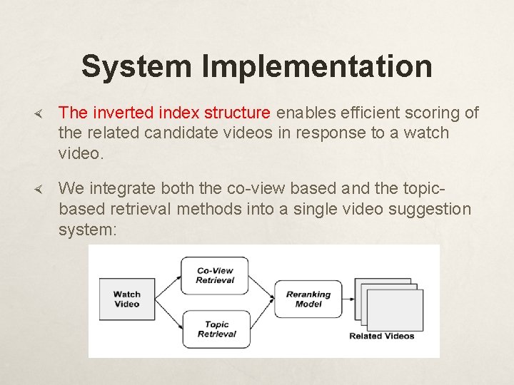System Implementation The inverted index structure enables efficient scoring of the related candidate videos