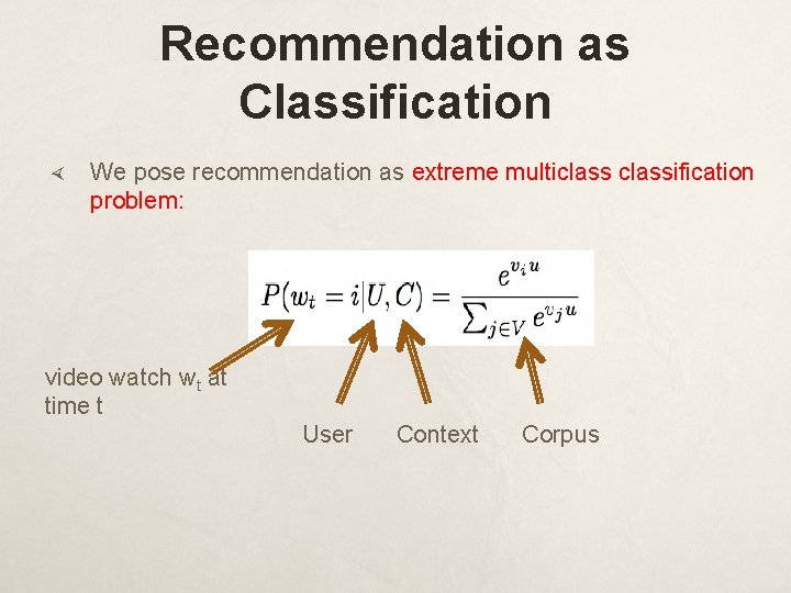 Recommendation as Classification We pose recommendation as extreme multiclassification problem: video watch wt at