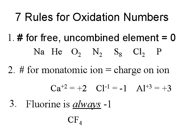 7 Rules for Oxidation Numbers 1. # for free, uncombined element = 0 Na