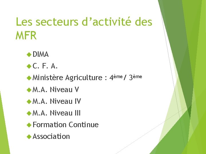 Les secteurs d’activité des MFR DIMA C. F. A. Ministère Agriculture : 4ème/ 3ème