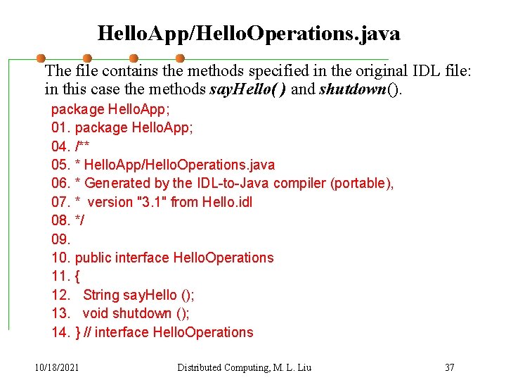 Hello. App/Hello. Operations. java The file contains the methods specified in the original IDL