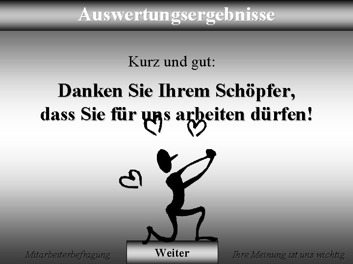 Auswertungsergebnisse Kurz und gut: Danken Sie Ihrem Schöpfer, dass Sie für uns arbeiten dürfen!