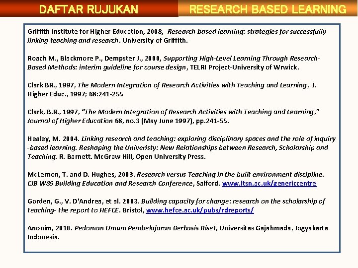 DAFTAR RUJUKAN RESEARCH BASED LEARNING Griffith Institute for Higher Education, 2008, Research-based learning: strategies