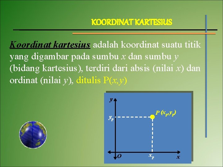KOORDINAT KARTESIUS Koordinat kartesius adalah koordinat suatu titik yang digambar pada sumbu x dan