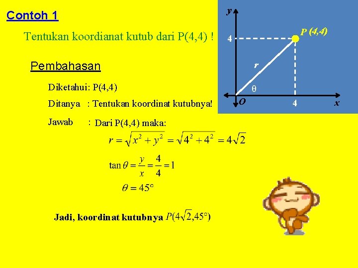 y Contoh 1 Tentukan koordianat kutub dari P(4, 4) ! P (4, 4) 4