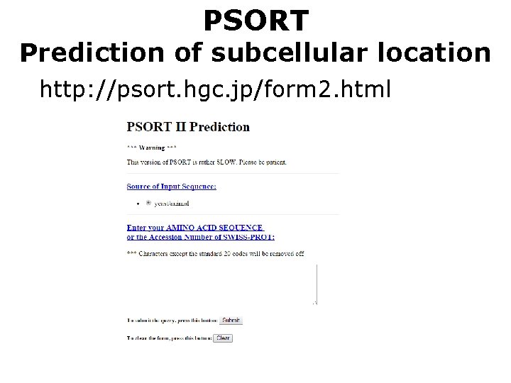 PSORT Prediction of subcellular location http: //psort. hgc. jp/form 2. html 