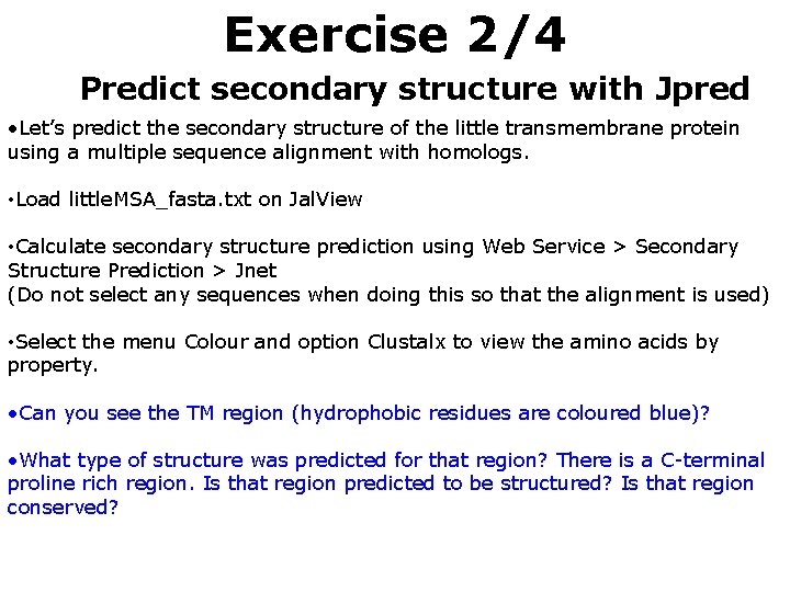 Exercise 2/4 Predict secondary structure with Jpred • Let’s predict the secondary structure of