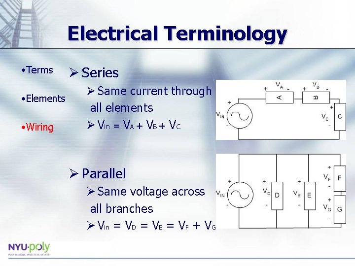 Electrical Terminology • Terms • Elements • Wiring Ø Series Ø Same current through