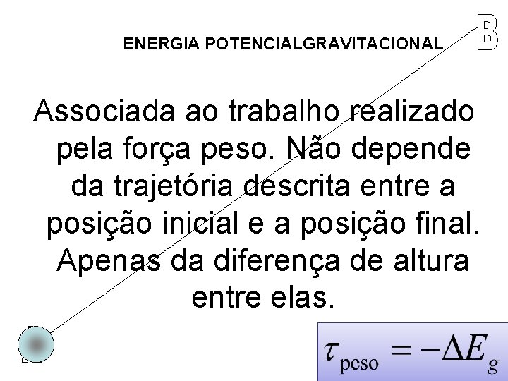 ENERGIA POTENCIALGRAVITACIONAL Associada ao trabalho realizado pela força peso. Não depende da trajetória descrita