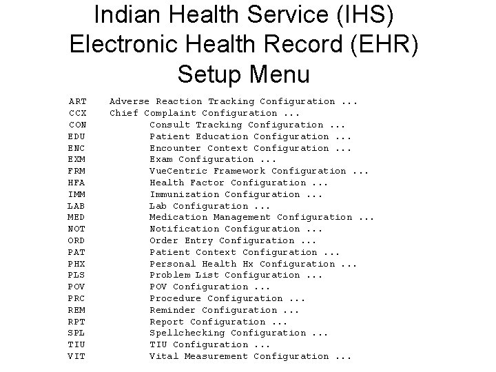 Indian Health Service (IHS) Electronic Health Record (EHR) Setup Menu ART CCX CON EDU