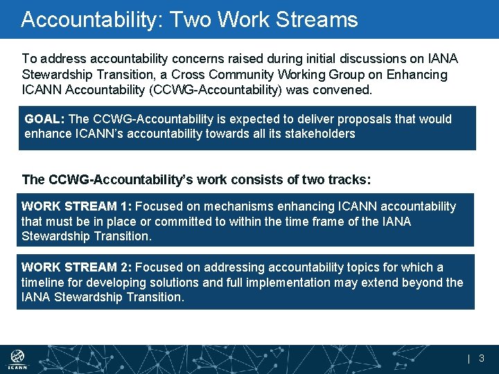 Accountability: Two Work Streams To address accountability concerns raised during initial discussions on IANA