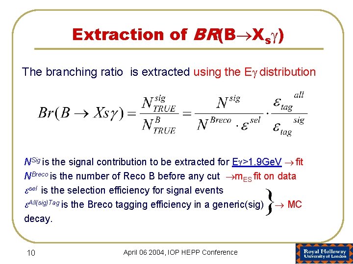 Extraction of BR(B Xs ) The branching ratio is extracted using the E distribution