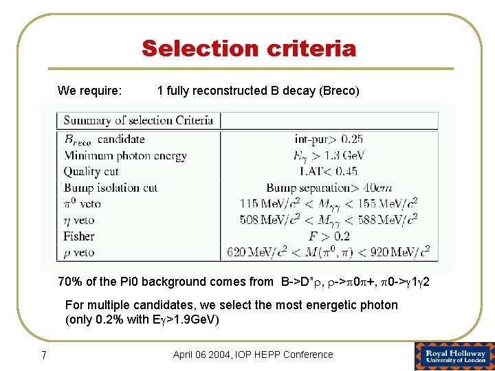 Selection criteria We require: 1 fully reconstructed B decay (Breco) 70% of the Pi