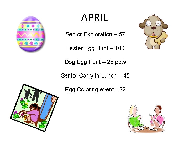 APRIL Senior Exploration – 57 Easter Egg Hunt – 100 Dog Egg Hunt –