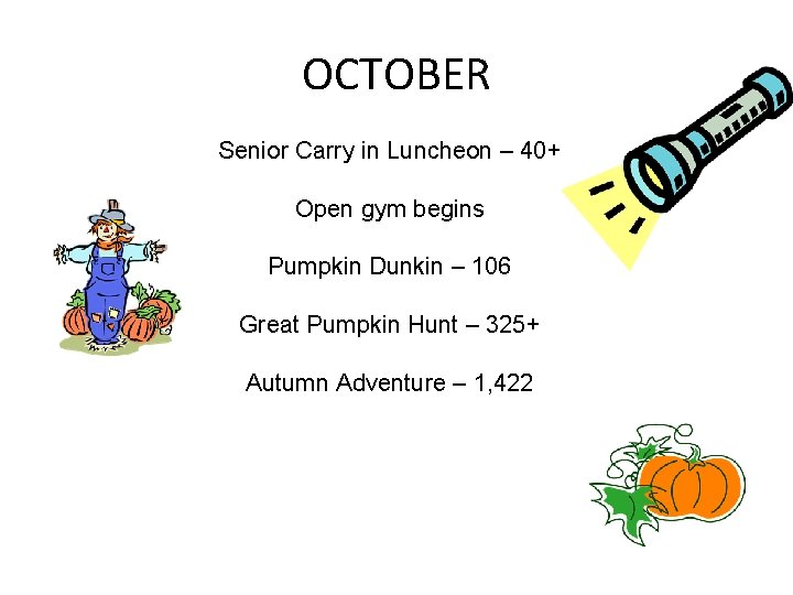 OCTOBER Senior Carry in Luncheon – 40+ Open gym begins Pumpkin Dunkin – 106