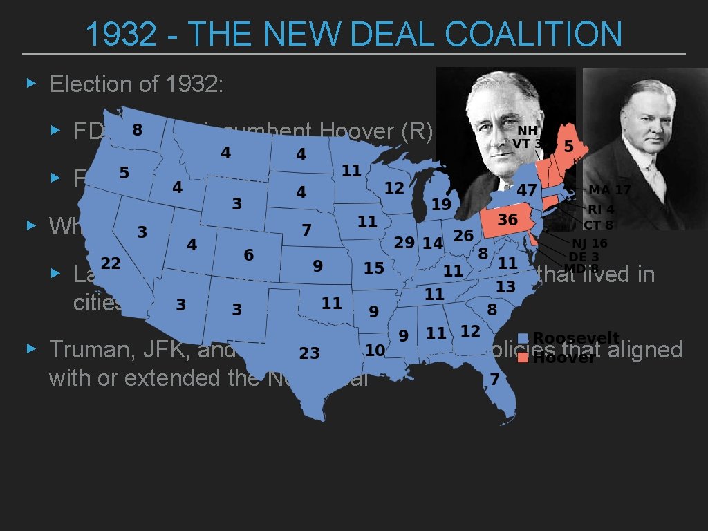 1932 - THE NEW DEAL COALITION ▸ Election of 1932: ▸ FDR (D) vs.