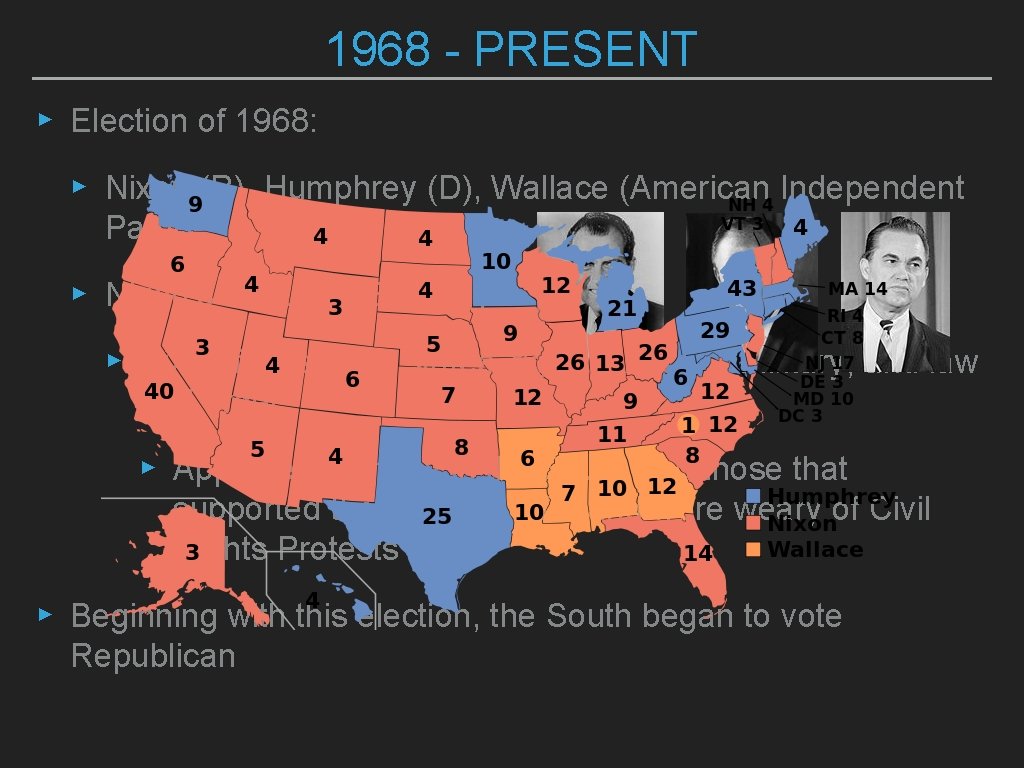 1968 - PRESENT ▸ Election of 1968: ▸ Nixon (R), Humphrey (D), Wallace (American