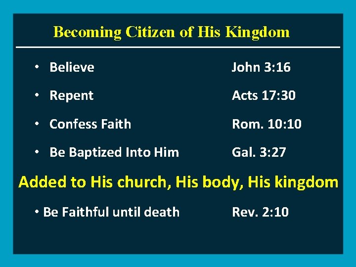 Becoming Citizen of His Kingdom • Believe John 3: 16 • Repent Acts 17: