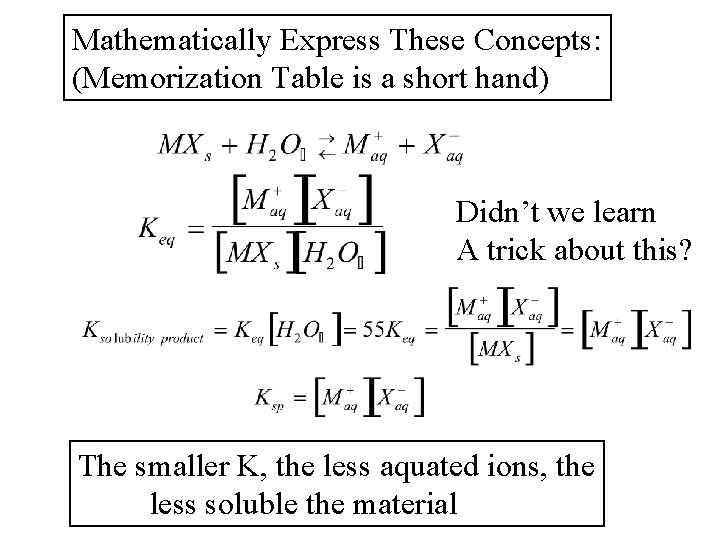 Mathematically Express These Concepts: (Memorization Table is a short hand) Didn’t we learn A