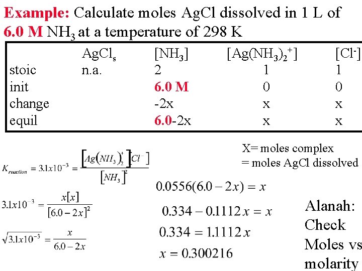 Example: Calculate moles Ag. Cl dissolved in 1 L of 6. 0 M NH