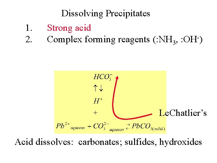 1. 2. Dissolving Precipitates Strong acid Complex forming reagents (: NH 3, : OH-)