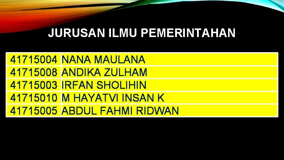 JURUSAN ILMU PEMERINTAHAN 41715004 41715008 41715003 41715010 41715005 NANA MAULANA ANDIKA ZULHAM IRFAN SHOLIHIN