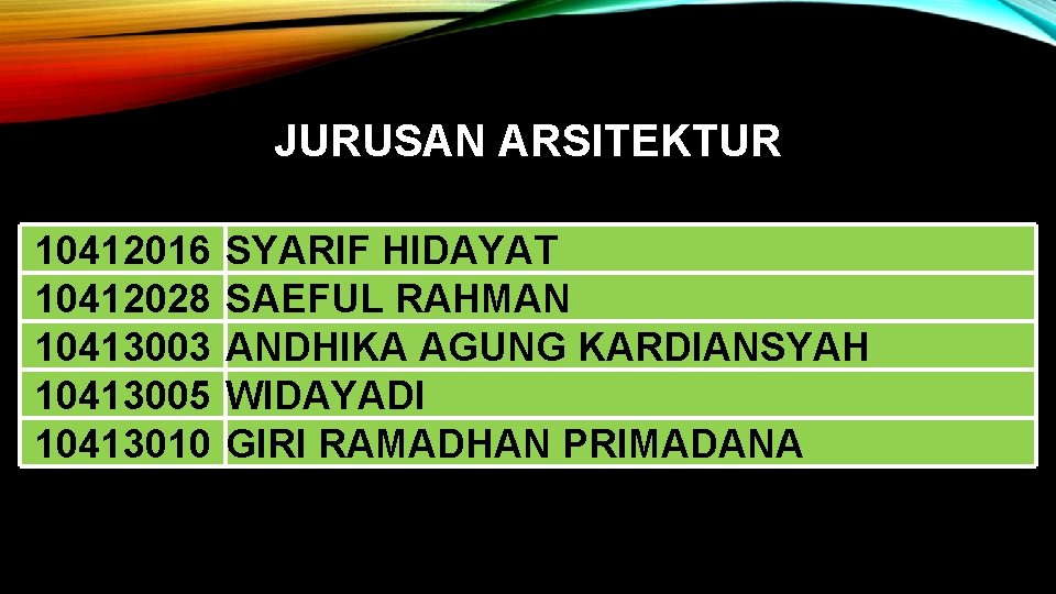 JURUSAN ARSITEKTUR 10412016 10412028 10413003 10413005 10413010 SYARIF HIDAYAT SAEFUL RAHMAN ANDHIKA AGUNG KARDIANSYAH