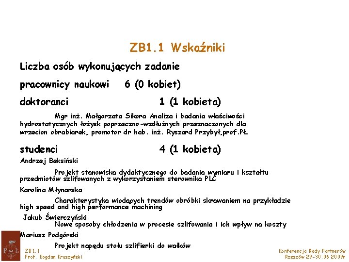 ZB 1. 1 Wskaźniki Liczba osób wykonujących zadanie pracownicy naukowi doktoranci 6 (0 kobiet)